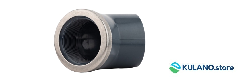 PVC-U Winkel 45 Grad Klebemuffe x Innengewinde mit Verstärkungsring V4A